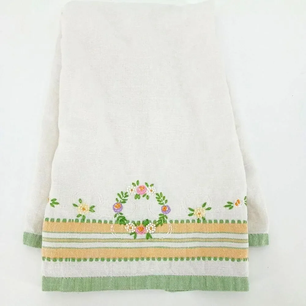 Vintage Hand Embroidered Linen Tea Towel 16x24 Floral Green Yellow Cottagecore